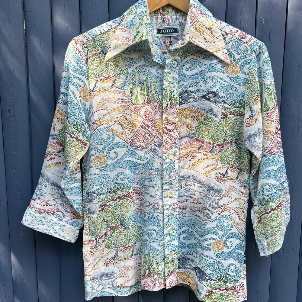 70s Abstract Scene Impressionist Van Gogh Like Button Up Shirt.